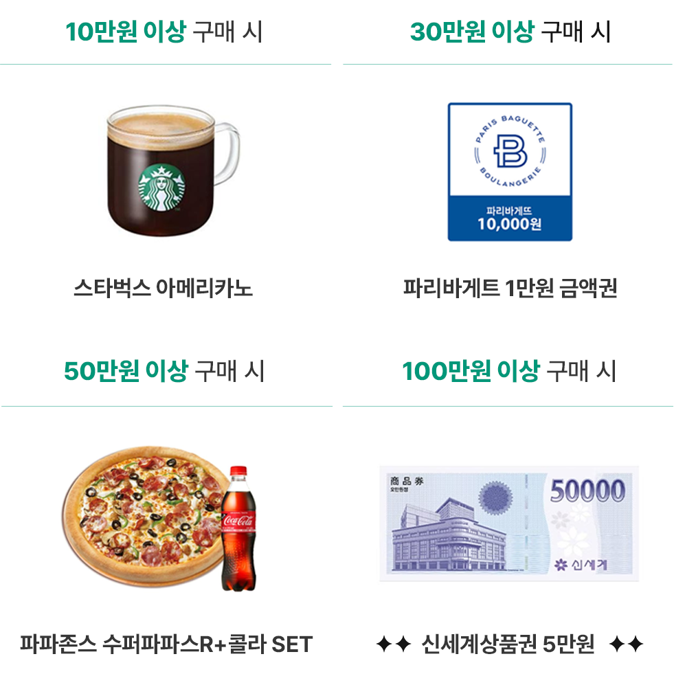 스타벅스 아메리카노, 파리바게트 1만원 금액권, 파파존스 수퍼파파스R + 콜라 SET, 신세계상품권 5만원
